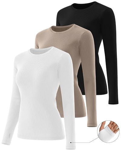 Huukeay 3 Pack Women's Cotton Long Sleeve Tops with Thumb Holes, Ribbed Crew Neck Slim Fit T-Shirts Stretchy Layering Shirts2