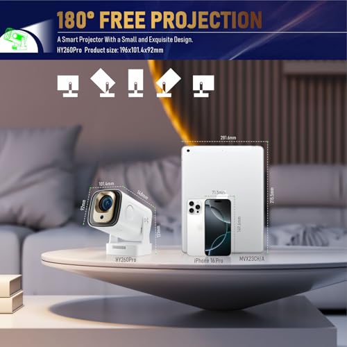 Image of Mini Projector with WiFi and Bluetooth, Support Portable Projector 4k 1080P HD, Auto Keystone Correction, 180 Rotatable,Compatible with TV Stick, HDMI, USB, Smartphone, Laptop, White HY260 PRO
