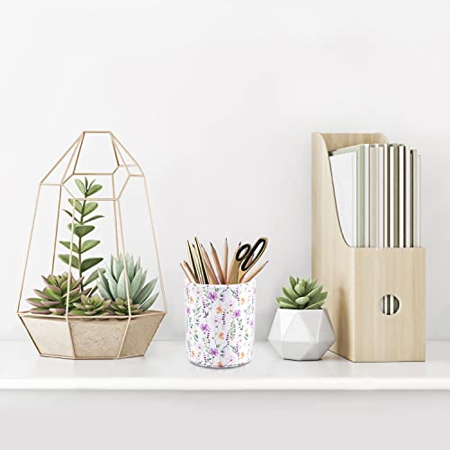 Image of Pen Holder, Makeup Brush Holder Leather Cute Vintage Flowers Pattern Pencil Cup for Girls Kids Women Durable Stand Desk Organizer Storage Gift for Office, Classroom, Home, Cute Flower