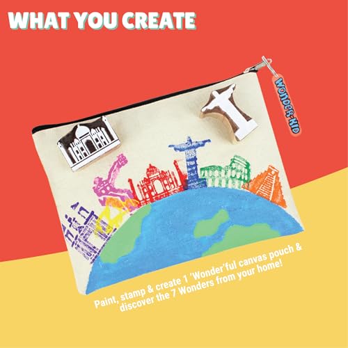 Image of Kalakaram DIY Block Print Canvas Pouch Kit for Kids - Create Your Own 7 Wonders Pouch, DIY Painting Kit, Art Integrated Learning Activity, Learn by Doing Craft Kit, Creative Activity Set for Kids Ages 9-12, Educational Art & Craft Gift for Boys & Girls, Fun Screen-Free DIY Craft Kit