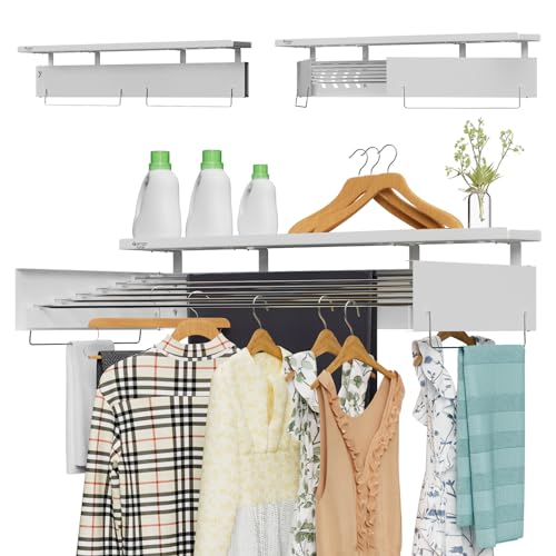 yamagahome Clothes Drying Rack Wall Mounted with Extra Storage Board, Laundry Drying Rack Collapsible with Handle, Collapsible Drying Racks for Laundry for Indoor and Outdoor, 39.4''