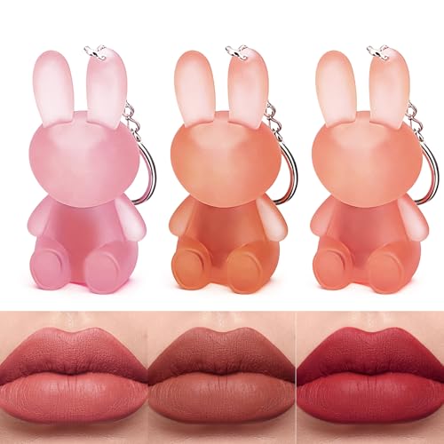 Juego De 3 Pintalabios Mate,Labial De Terciopelo Tipo Arcilla,DiseñO De Conejo,DiseñO Llavero 2 En 1,Labial Permanente Larga DuracióN,Waterproof,No Pegajoso,AplicacióN Sencilla,Para Principiantes