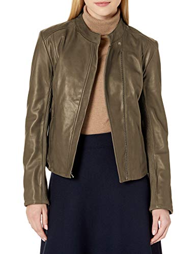 Cole Haan Women's Leather Stand Collar Jacket, Moss, Medium