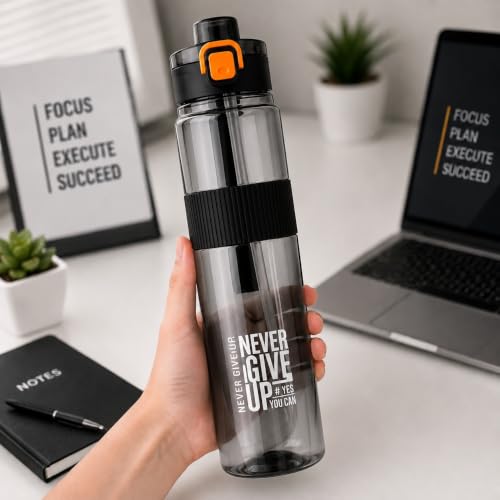 Image of Sports Water Bottle with Straw & Carry Strap | Leakproof BPA-Free Gym Bottle | Flip Lock Lid | MOTIVATIONAL NEVER GIVE UP BOTTLE | Office, School, Gym & Travel (Black)