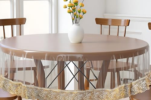 Image of The Furnishing Tree Round Shaped 4 Seater Transparent Table Cover WxL 60x60 inches 0.25 mm Thickness with Golden Lace