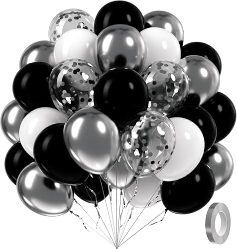 60Pcs Black and Silver Balloons, 12Inch Black and White Balloons with Silver Confetti Balloons for Baby Shower Wedding Graduation Birthday Party Decorations