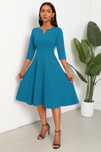 Image of Nmoder Midi Dresses for Women A-Line Fit and Flare Dress 3 /4 Sleeve V Neck Cocktail Wedding Guest Work Dress with Pockets