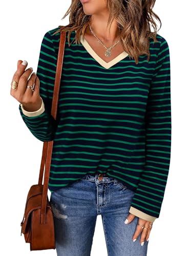 ONLYSHE Women's Casual Striped Long Sleeve Tops Crew Neck Knit Basic Loose Fit T Shirts Fall Fashion Tunic Outfits