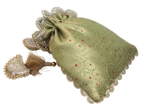 Image of MILAN'S CREATION Pure Banarasi Potli Silk Brocade Bag Purse Drawstring Women's handbag with Pearl Handle & Tassel Weddings