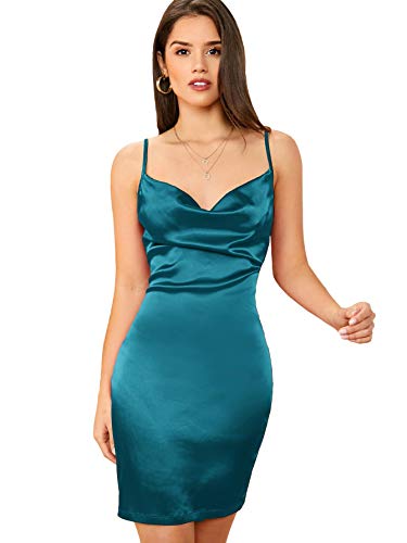 Women's Cowl Neck Spaghetti Strap Satin Cocktail Pencil Dress