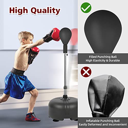 Dripex Saco de Boxeo de pie con Altura Ajustable, Punching Ball con Base, Fitness Boxeo para Niños, con Base de Succión, Rellenable de Arena or Agua (Negra)