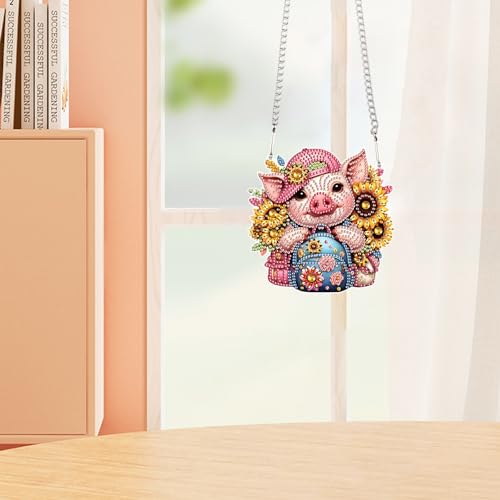 Image of AiYuanzsh 5D DIY Acrylic Special Shaped Diamond Painting Pendant Kit - Sunflower & Pig Design, Hanging Window Ornament for Home Decoration & Gifts