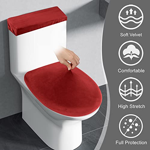 Stretch Velvet Toilet Lid Cover and Toilet Tank Lid Cover, Bathroom Super Soft Velvet Toilet Seat Cover Set Luxury Velvet Plush, with Elastic Bottom, Machine Wash, Red