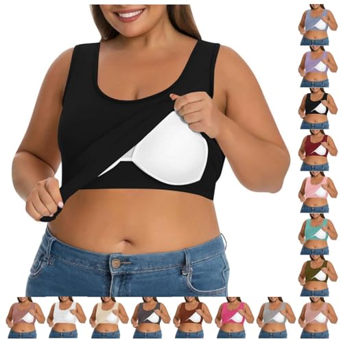 Tank Top Damen BH Hemdchen Ohne Bügel,U Ausschnitt Ärmelloses Shirt Einfarbig Yoga Trägertop,Sommer Oberteil Große Größen Unterhemd mit BH Integriert,Lässige Sporttop Basic Achselshirt für Frauen