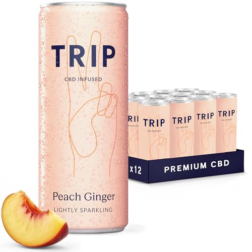 Image of TRIP CBD Drink, Sparkling Peach Ginger Fizzy Drink, Low Calorie, Vegan (Pack of 12 x 250ml)