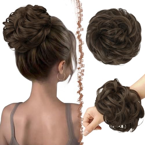 FESHFEN Messy Bun Hair Pieces - Large Wavy Curly Elastic Hair Bun Scrunchies Ponytail Extensions Synthetic Chignon Hairpieces for Women, Golden Brown 1.94oz