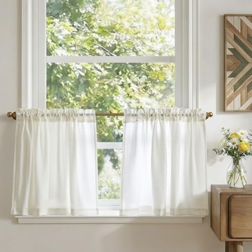 TOPICK Scheibengardinen modern Wohnzimmer Küche Weiß Bistrogardine 2er set Scheibengardinen Küche Leinenoptik Küchengardinen kurz H60xB65 cm Küchenvorhänge Landhausstil Gardine Küchenfenster