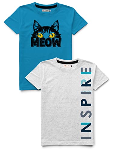 Image of HELLCAT Boys Round Neck Printed Blended Cotton Tshirt -Combo Pack of 2 - Pink /Blue