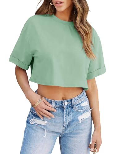 Tankaneo Women Crop T-Shirts Half Sleeve Drop Shoulder Cropped Tops Y2K Casual Summer Basic Tees Light Green