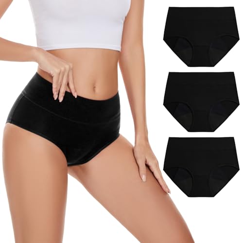 POKARLA Incontinence Pants Women High Absorbency Period Underwear Heavy Flow Leak Proof Urine Washable Leakproof Protective Briefs High Waist Cotton Menstrual Knickers 3 Pack Black 4X-Large