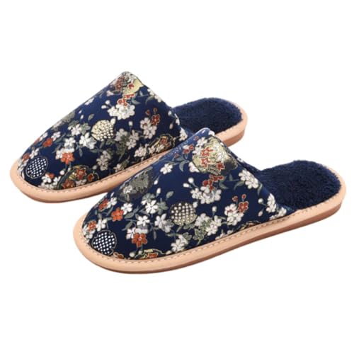 ZNEL Mujeres Hombres Seda Bordada Punta Cerrada Zapatillas Satén Superior De Brocado Y Forro Peludo Pantuflas Antideslizante Suelas De Tendón De Res Zapatos(38/39 EU, Blue)