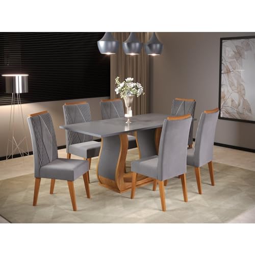 Mesa de Jantar Retangular Vitalic com 6 Cadeiras Madeira Maciça Vegas Mel/Cinza Brilho/Grafite
