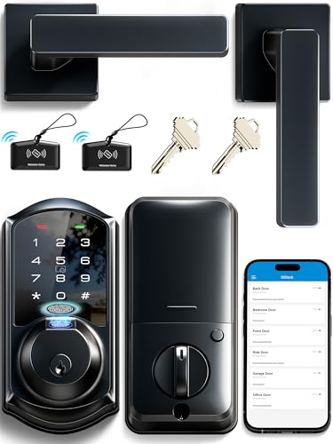 Veise VE07-L Fingerprint App Control Smart Locks with Heavy-Duty Zinc Alloy Handles, Keyless Entry for Front Door, Digital Electronic Touchscreen, Auto Lock, Waterproof, Easy Install, Matte Black