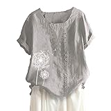 Masrin Baumwoll Leinen T-Shirt für Frauen Vintage Ethnischen Stil Löwenzahn Print Tops Übergroße Kurzarm O-Ausschnitt Lose Tunika Bluse mit Knopf Dekor(XXXXL,Grau)