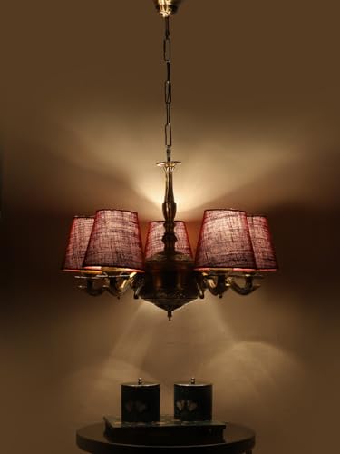 Image of Devansh 05 Lights Maroon Jute conical Shade with Antique Golden Chandelier
