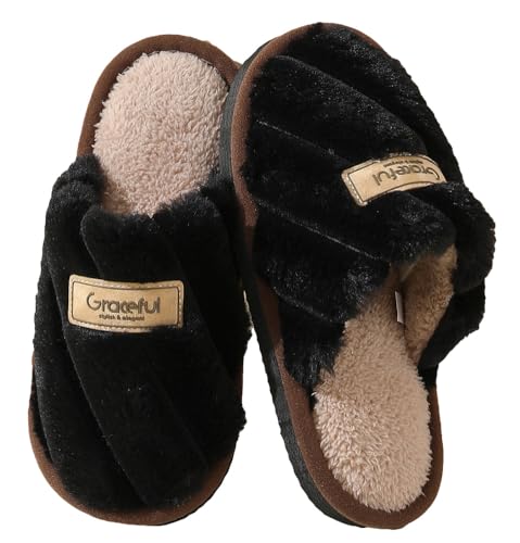 Caistre Plush Slippers Women Winter Warm House Shoes Non-slip Indoor Thick-soled Furry Cotton Slippers Fleece Lining Bedroom Shoes