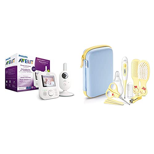 Die 5 Besten Babyphone für unterwegs Test 2 Philips AVENT Video Babyphone mit Kamera, SCD833/26, Tag- und Nachtansicht, hohe Reichweite, Eco-Mode, Mit FHSS-Technologie, weiß & Babypflege-Set SCH400/00, 10 Teile, für zu Hause und unterwegs, gelb