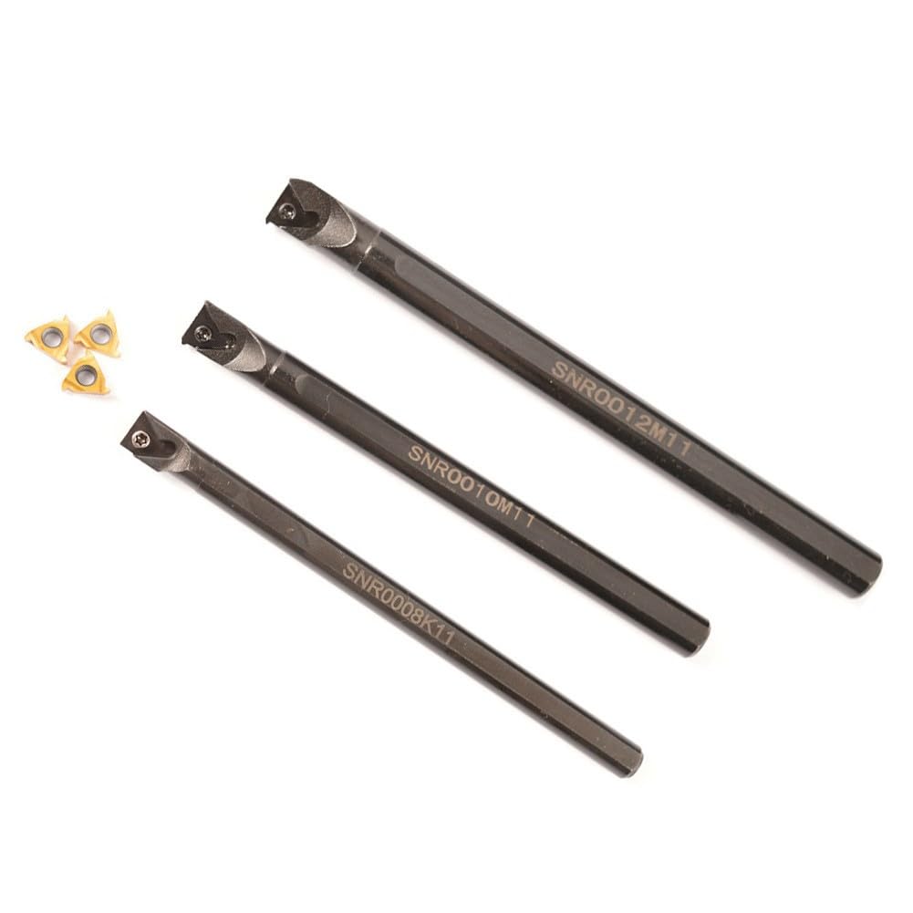 Set di 3 portautensili per filettatura interna da 8 mm, 10 mm, 12 mm, SNR0008K11 SNR0010K11 SNR0012M11 con 10 inserti in carburo 11IR AG60 per semifinitura