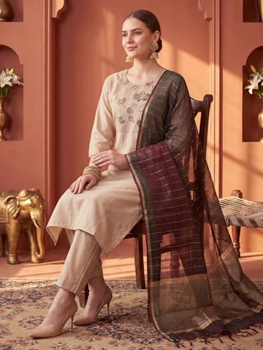 Image of INDO ERA Women's Cotton Blend Solid Straight Kurta Palazzo With Dupatta Set