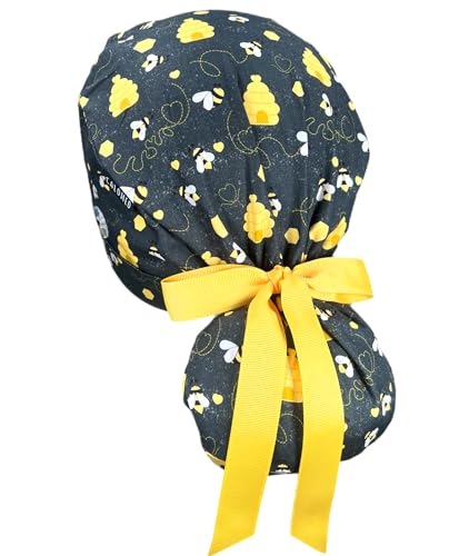 Image of Scrub Cap for Women and Men, Ponytail Scrub Caps, Working Hat, Head Cover with Ribbon Ties and Buttons, Long Hair