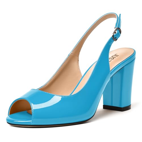 JUSTDANNI Womens Slingback Casual Patent Buckle Peep Toe Comfortbale Party Block High Heel Pumps Shoes 3.3 Inch