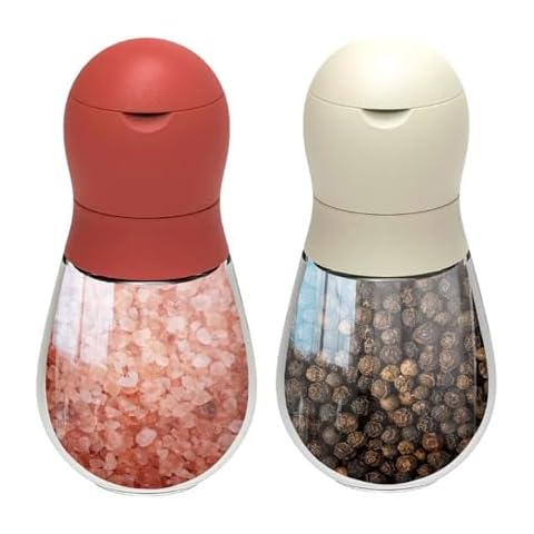 Salt and Pepper Grinder Set of 2, Bowling Glass Manual Grinder and Reusable Seasoning Storage Container for Dry Spices, Chili, and Coffee Beans, Red and White Cover