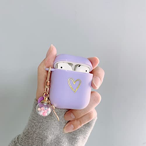 Ownest Compatible For Airpods Case Soft Tpu With Gold Heart Pattern Cute Lucky Ball Keychain Shockproof Cover Case For Girls Woman Airpods 2 &1-Purple #TOP1