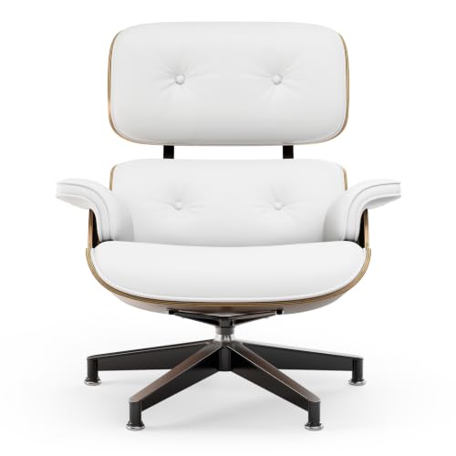 Image of Top White PU Leather, Mid Century Chaise Lounge Chair and Ottoman, Modern Chair Classic Design, Walnut Wood, Heavy Duty Base Support for Living Room Office