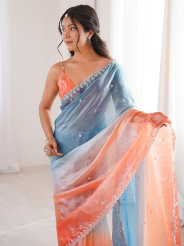 Image of AKHILAM Women's Shimmer Satin Sequence Embroidery Saree With Unstitched Blouse Piece(AARYAN21701 KR Parent)