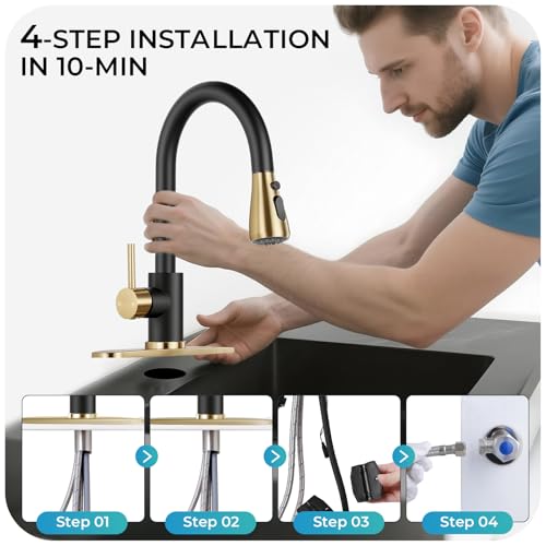 Image of Black & Gold Kitchen Faucet with Pull Down Sprayer and Deck Plate | SUS 304 Stainless Steel, Single Handle, 3 Spray Modes, 360 Swivel Spout, RV Laundry Bar Sink, Deck Plate, NSF372 NSF61 cUPC