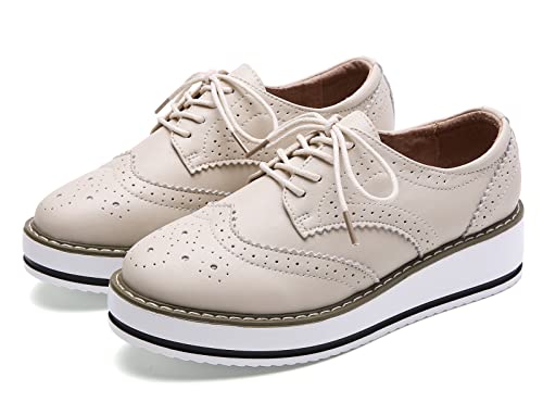 DADAWEN Women's Platform Lace-Up Wingtips Square Toe Oxfords Shoe Beige Leather US Size 8/Asia Size 40/25cm