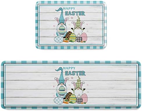 Possta Decor 2 Piece Kitchen Mats Dwarf Blue Buffalo Plaid Bunny Easter Egg,Non Slip Doormats Area Runner Rug Set,Gnome Flower Retro Wood Grain Super Soft Comfort Standing Mat for Bedroom Living Room