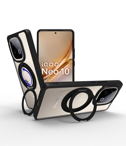 Image of RIGGEAR Shockproof Sleek Hybrid Armor 360 Rotating Magnetic Ring Stand Back Cover Case Compatible with MagSafe Accessories for iQOO Neo 10 5G (f PC and Black TPU Bumper)