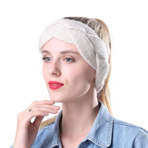 Handknitted/Crocheted Winter Woolen Unisex Headband Earwarmer Cream Color-image-13