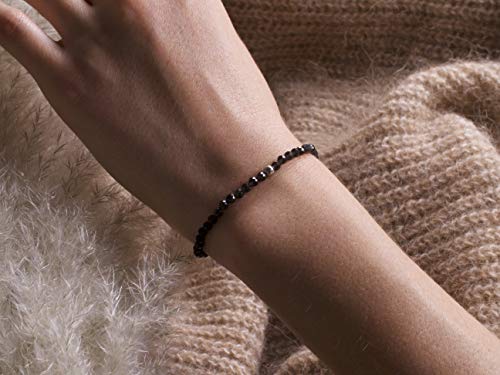 Bergerlin Genuine Obsidian Bracelet With 925 Sterling Silver - Real Obsidian Bracelet With 4Mm Pearls, Faceted - Size S #TOP2