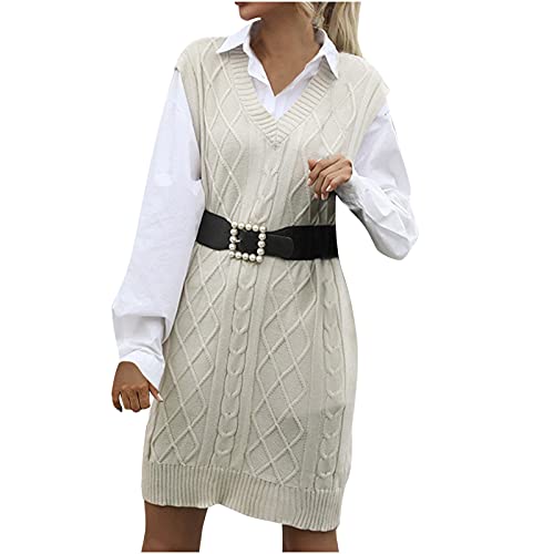 Strickkleid Damen Lässiges einfarbiges Pulloverkleid Ärmelloses Trägerkleid mit V Ausschnitt Herbst Kleid Basic Winterkleid Mittellanges...