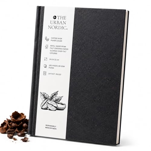 Image of Eco Friendly Black Notebook A5 | Tree-Free Coffee Husk Paper Cover Journal | FSC Certified College Ruled Recycled Pages | Premium Minimal Diary for Office, Work & Gifting