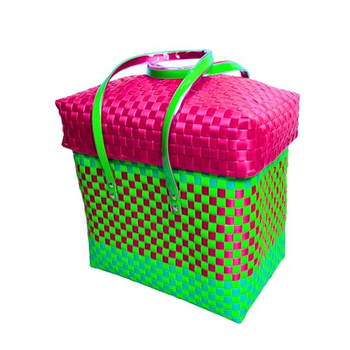 Image of Hand Made Multipurpose Plastic Basket with Lid | Eco-Friendly, Washable, Rust-Free Storage Basket for Kitchen, Picnic, Toys, Travel, Office | Lightweight basket (Green with Pink, M)