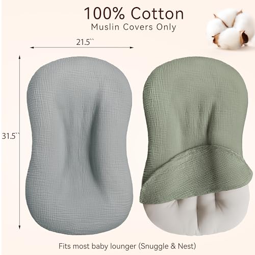 Muslin Baby Lounger Cover 2 Pack, Cotton Soft Breathable Infant Nest Slipcovers, Envelope Closure, Compatible with Snuggle MeLoungers, Machine Washable, Cover Only, for Boys Girls(Gray & Green)