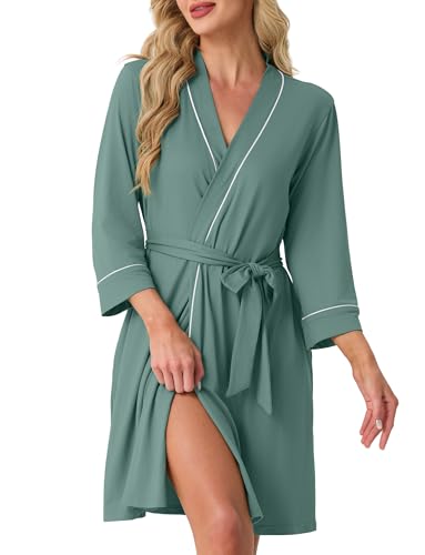 Image of PrinStory Womens Robe Knee Length Soft Knit Bathrobe S-2XL | V-Neck 3 /4 Sleeve Robes with Pockets, Lightweight, Breathable Bath Robe for Shower, Spa, Travel, Home, Party, Nursing